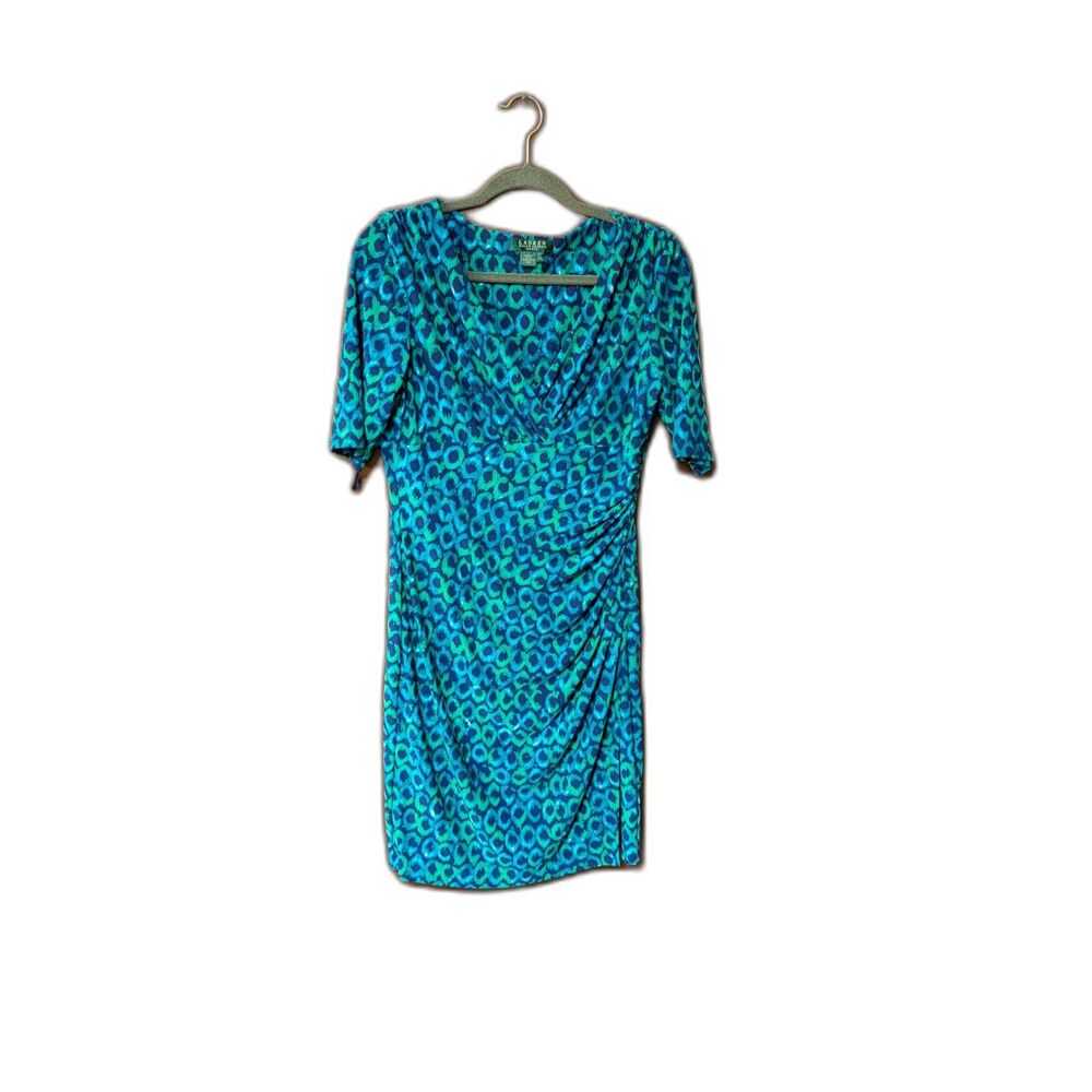 Lauren Ralph Lauren Dress Size 12 Blue Green Abstract Print Ruched Faux Wrap